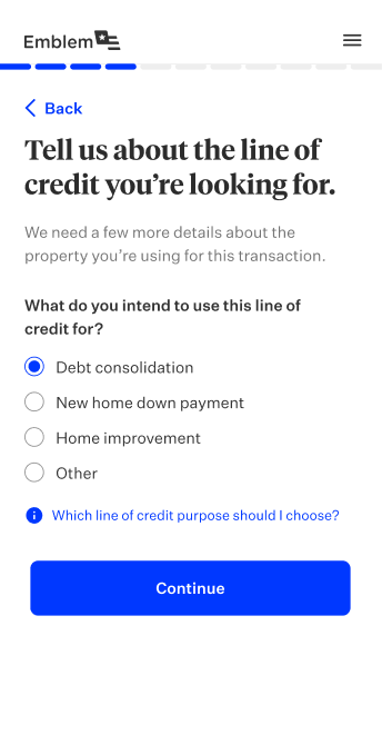 Product screen asking about intended line of credit