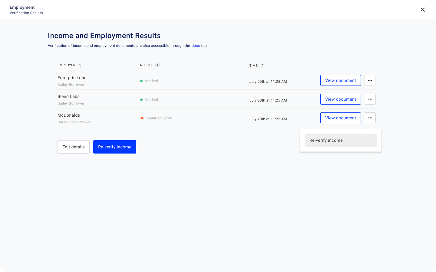 Product screen featuring income and employment results