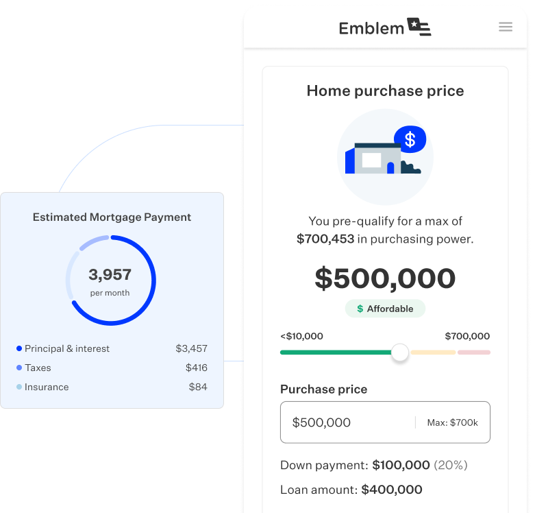 Product screen displaying home purchase price of $1,000,000 and estimated mortgage payment of $3,033.43 per month