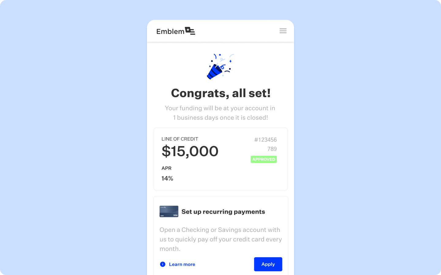 Blue rectangular card featuring mobile view of account funding confirmation product screen