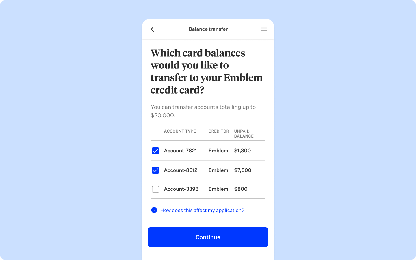 Blue rectangular card featuring mobile view of card balance transfer