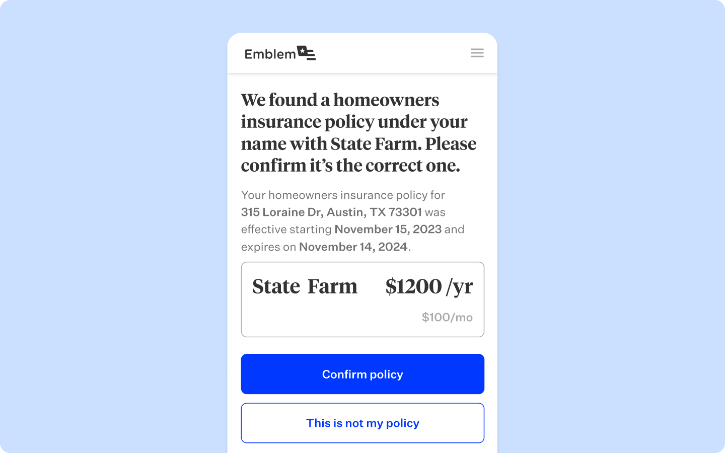 Blue rectangular card featuring mobile view of confirmation page for a homeowners insurance policy