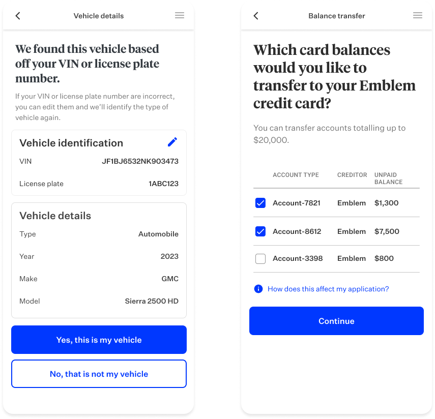 Mobile product screens showing vehicle identification and card balance transfer