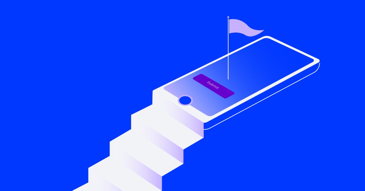 Blue rectangular card featuring stairs leading up to phone with a purple flag on it