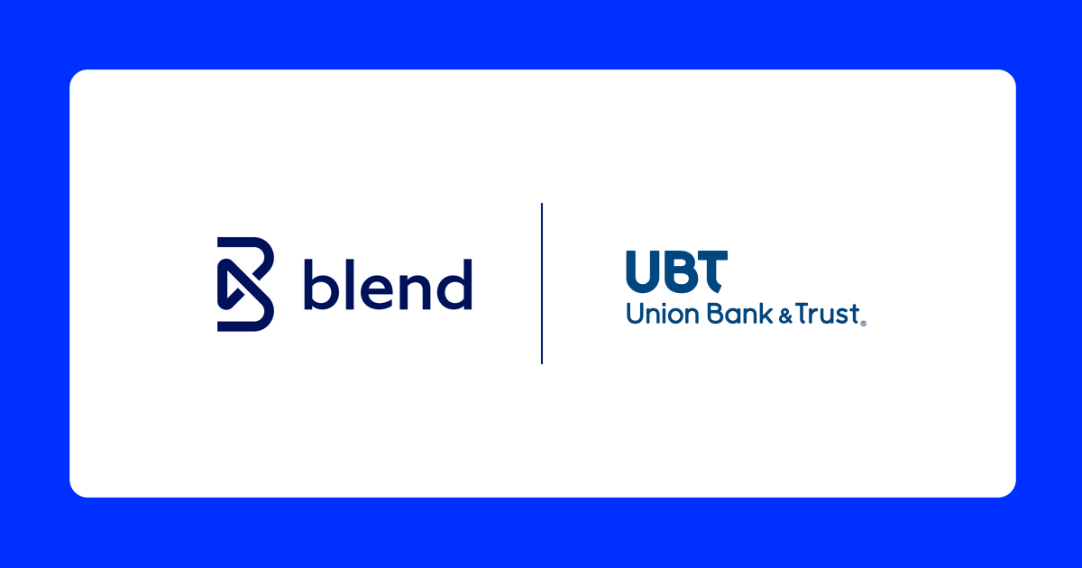 Blue rectangular card with white background featuring Blend and Union Bank Trust logos