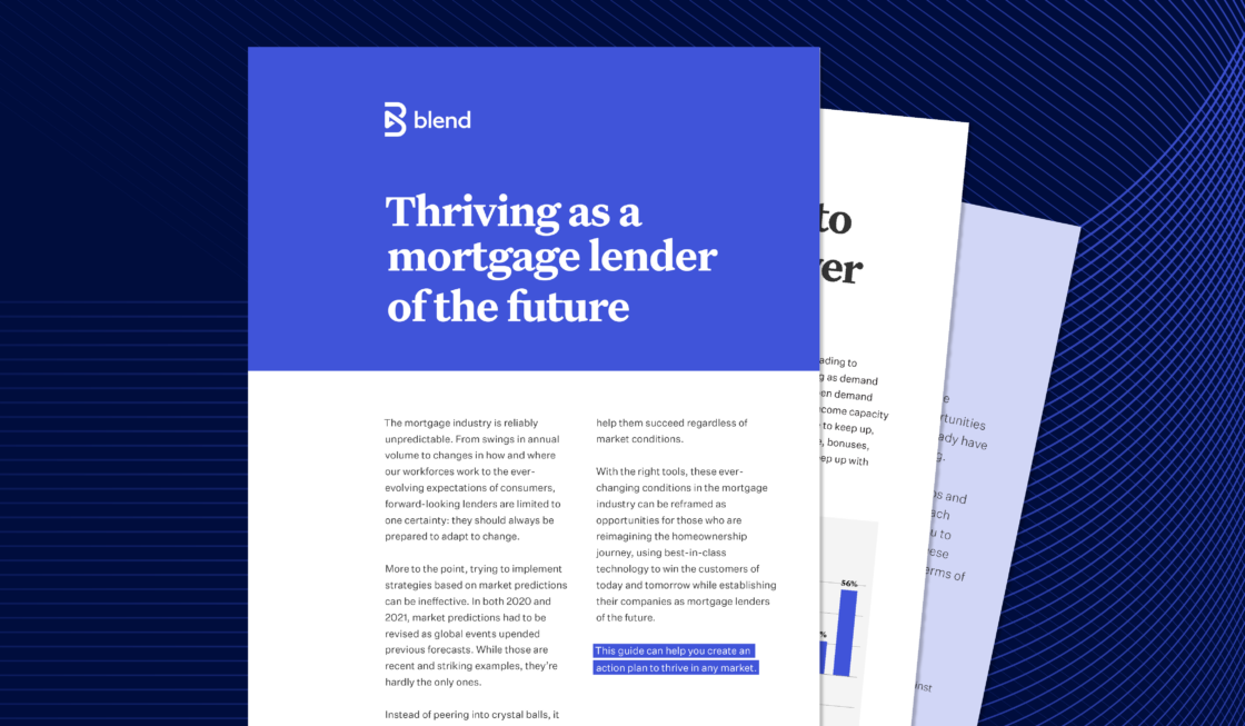 Blue rectangular card featuring fanned out image of Thriving as a mortgage lender of the future ebook