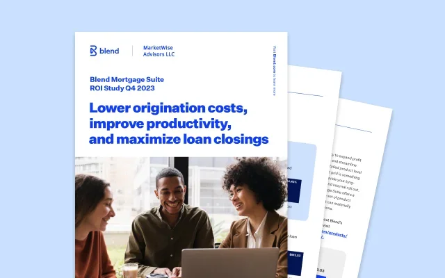 Blue rectangular card with preview of Lower origination costs, improve productivity, and maximize loan closings Blend Mortgage Suite ROI Study Q4 2023