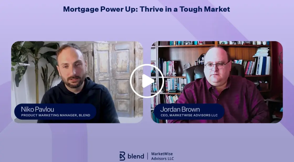 Purple rectangular card that reads Mortgage Power Up Thrive in a Tough Market and features a video preview of Niko and Jordan