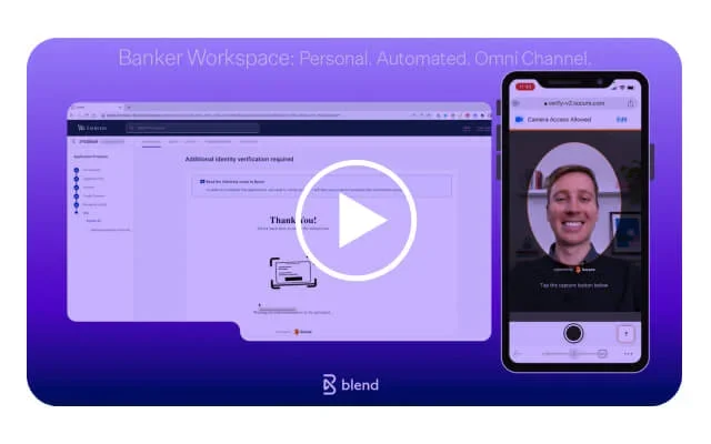 Purple rectangular card that reads Watch on demand: Banker Workspace: Personal, Automated, and Omnichannel with a preview of a verfication product screen