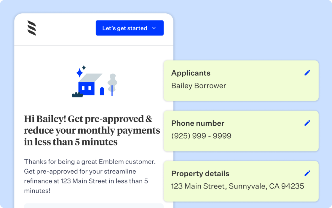 Blue rectangular card with phone screen for pre-approval and checkmarks next to personal details