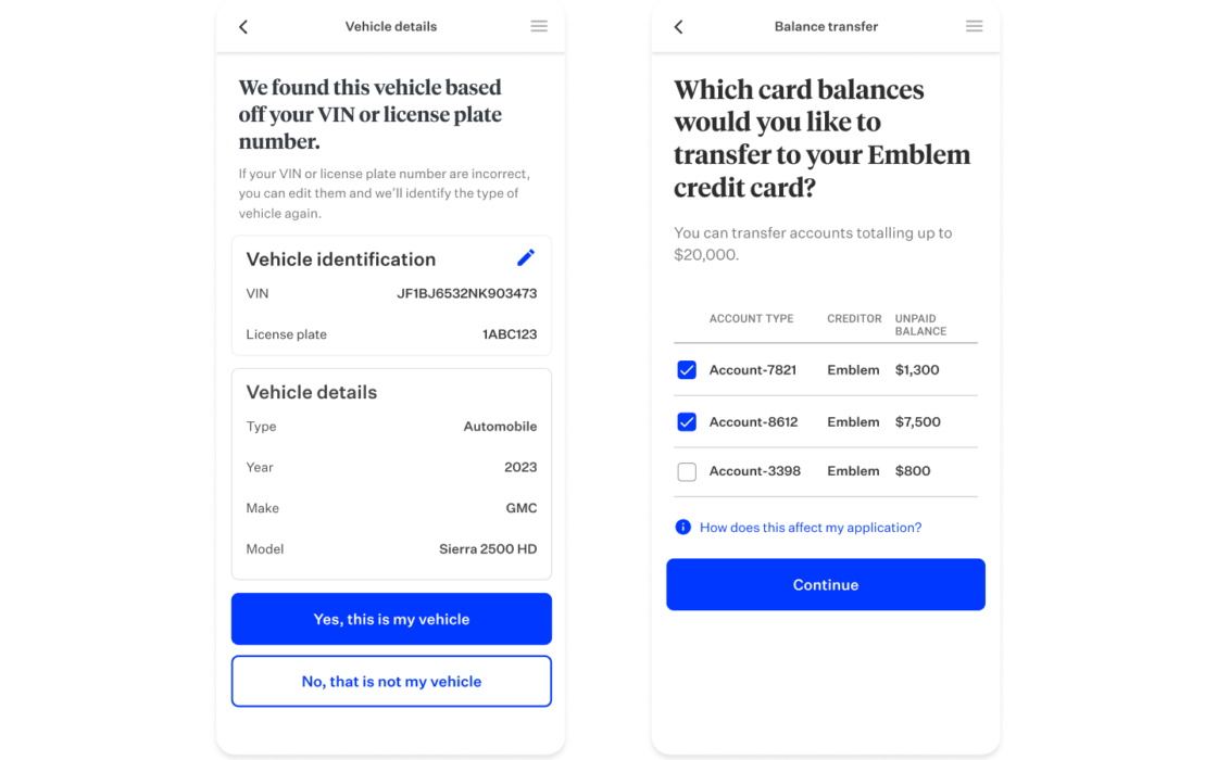 Mobile product screens showing vehicle identification and card balance transfer
