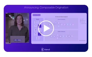 Purple rectangular card that reads Announcing Composable Origination with a preview of webinar introducing Blend Builder