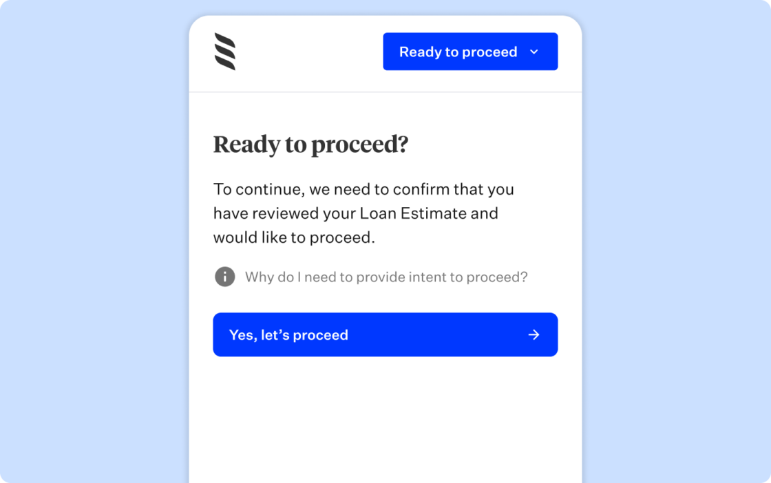 Blue rectangular card with phone screen that says 'Ready to proceed?'