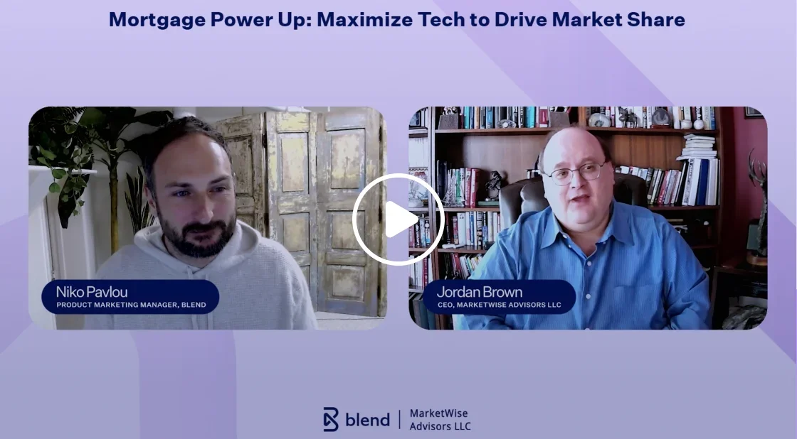 Light purple rectangular card that reads Mortgage Power Up: Maximize Tech to Drive Market Share featuring video stills of March Mortgage Webinar