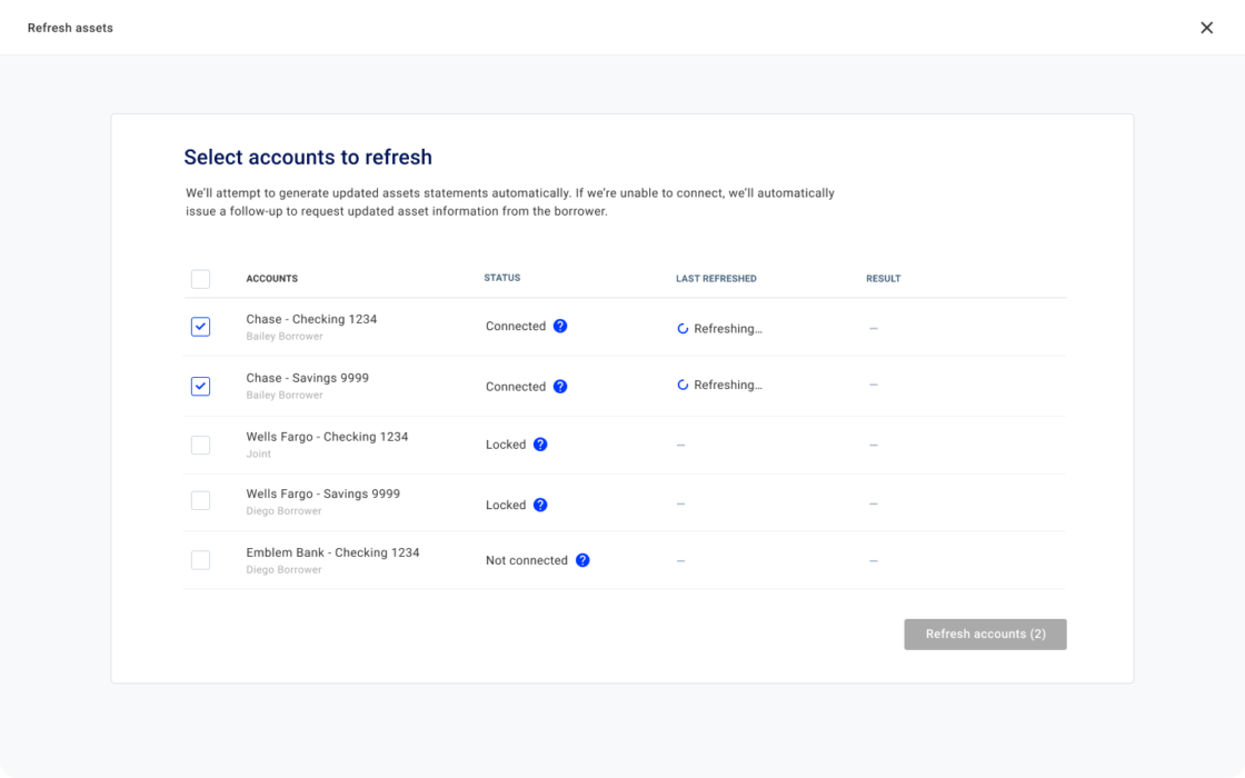 Product screen featuring selection of which accounts to refresh