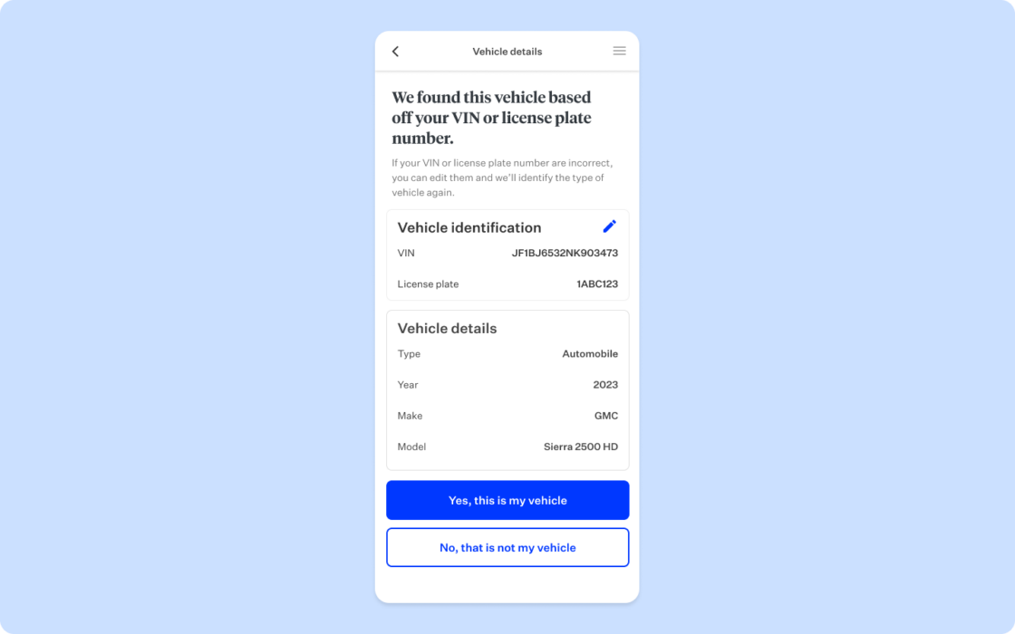 Blue rectangular card featuring mobile view of vehicle identification confirmation
