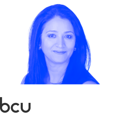 Bhavna Guglani headshot with blue overlay and Baxter Credit Union logo