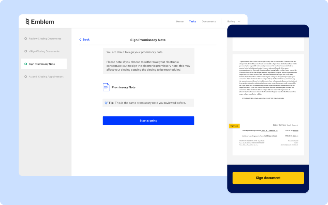 Blue rectangular card featuring desktop view of promissory note signing and mobile view of Docusign