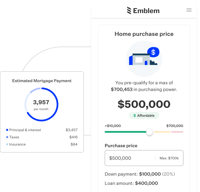 Product screen displaying home purchase price of $500,000 and estimated mortgage payment of $3,957 per month