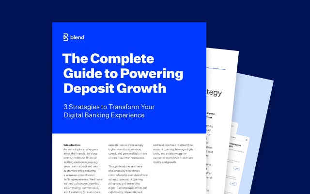 Blue rectangular card featuring fanned-out image of The Complete Guide to Powering Deposit Growth