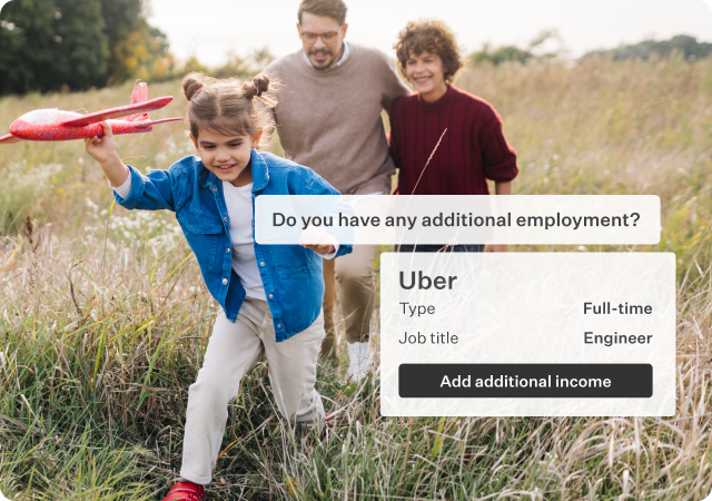 Image of woman, man and young girl, that has plane in t]her hand, walking in a field with a partial product image overlay showing additional employment screen.