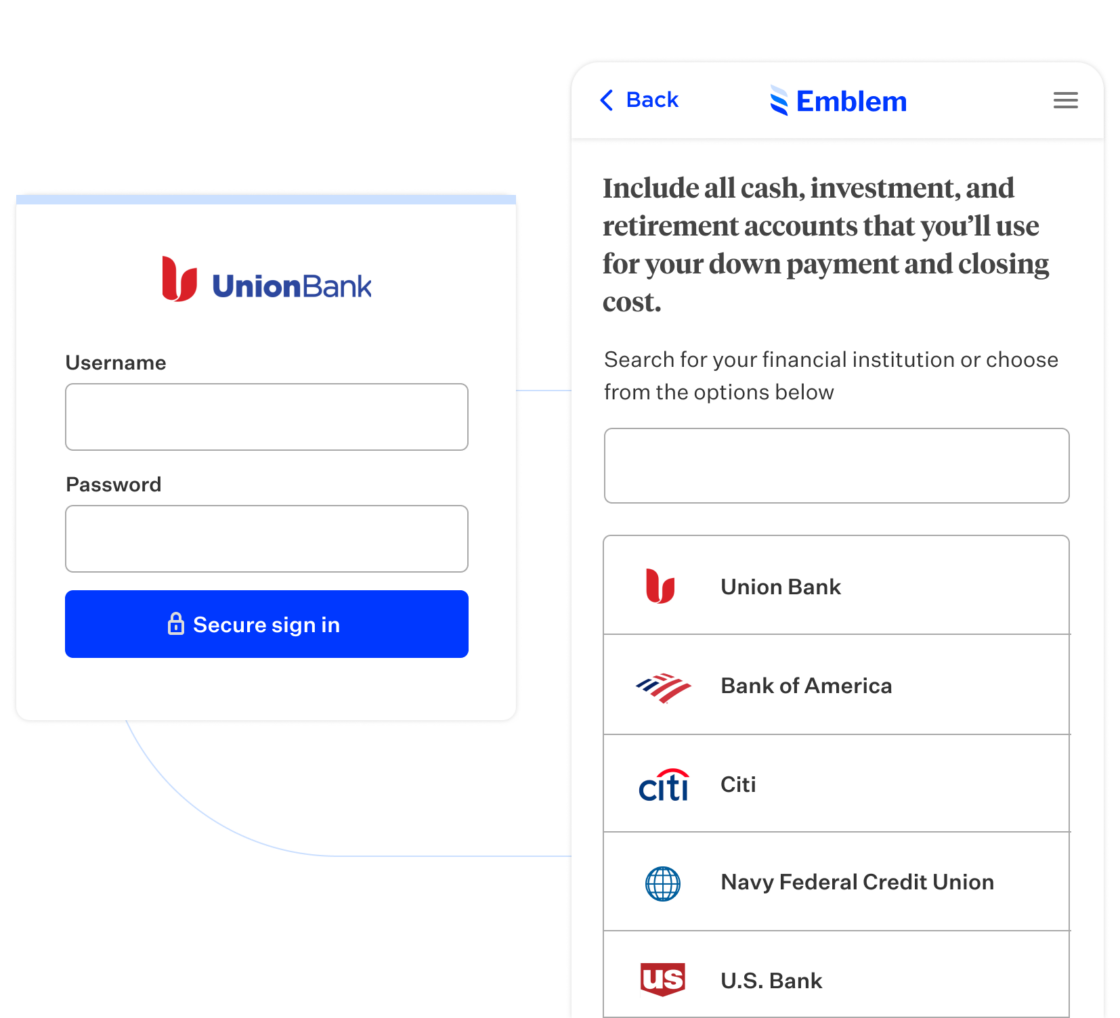 Mortgage product screen showing how borrowers can link their bank accounts to get to closing faster with instant, real-time verifications from leading data providers.