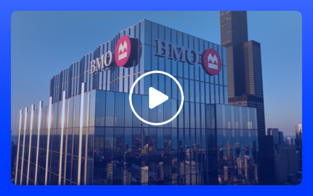 Blue rectangular card featuring screen of BMO Harris Bank Building