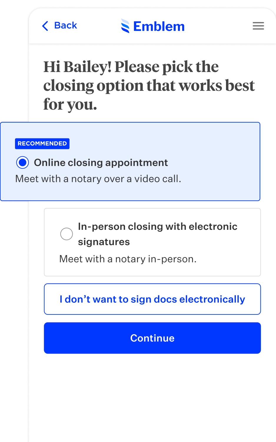 Mortgage product screen showing a list of closing options to chose from—in-person, remote, or hybrid.