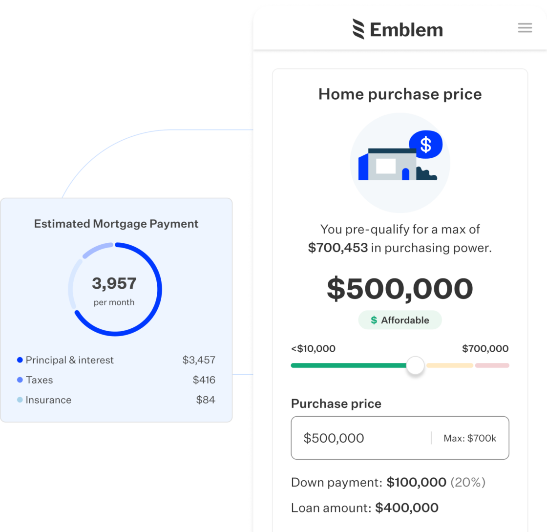 Product screen displaying home purchase price of $500,000 and estimated mortgage payment of $3,957 per month