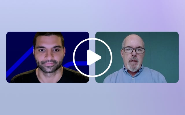 Rectangle with purple and blue gradient featuring video still from webinar with Nima Ghamsari and Mike Cafferky with a white play button on top