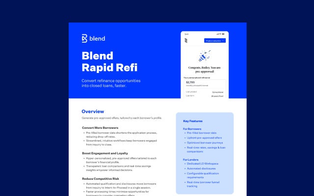 Blue rectangular card with preview image of Blend Rapid Refi one-pager