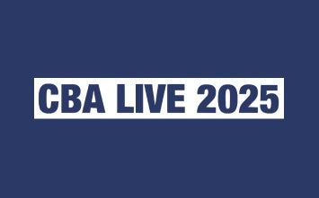 Blue rectangular card with white box with navy text that reads CBA LIVE 2025