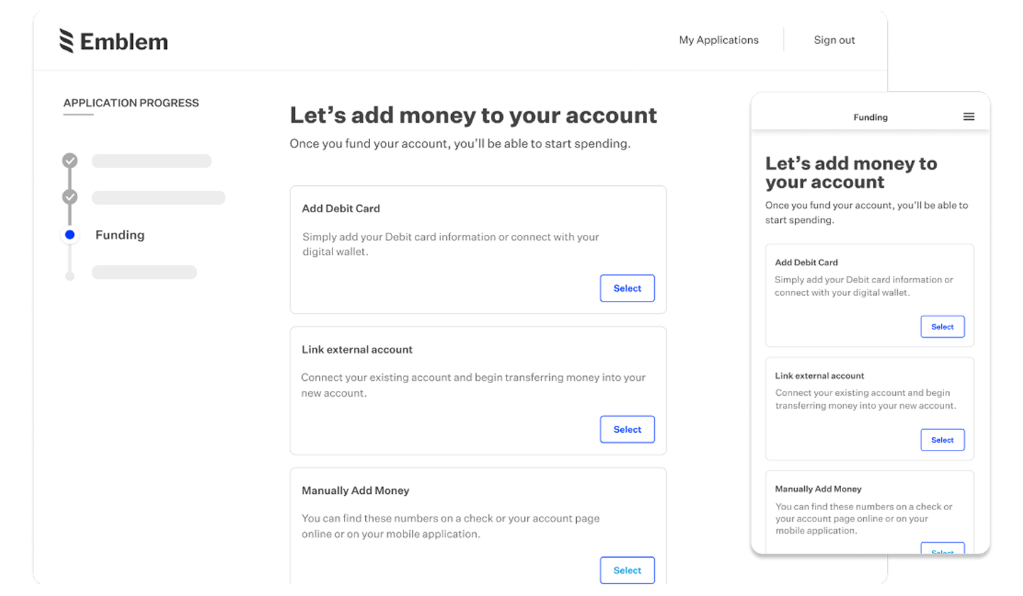 Desktop and mobile product screens of adding money to your account