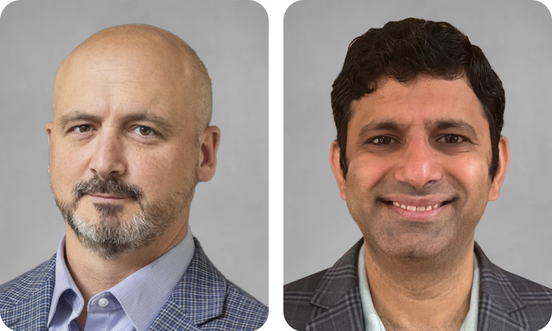 Headshots of Srinivasan Venkatramani and Chad Powers on white background