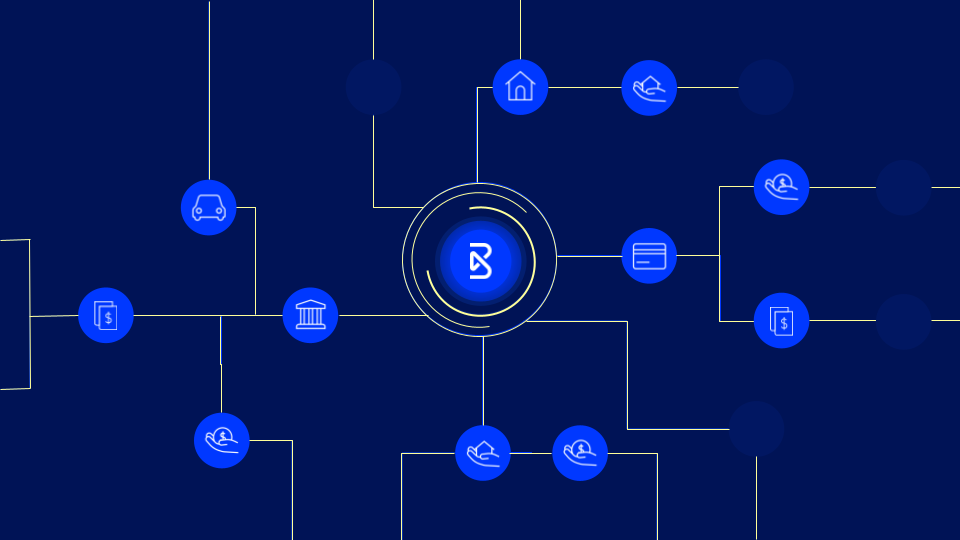 Navy blue rectangular card with blue Blend logo in the middle surrounded by a network of smaller white financial icons, including houses, banks credit cards, etc.