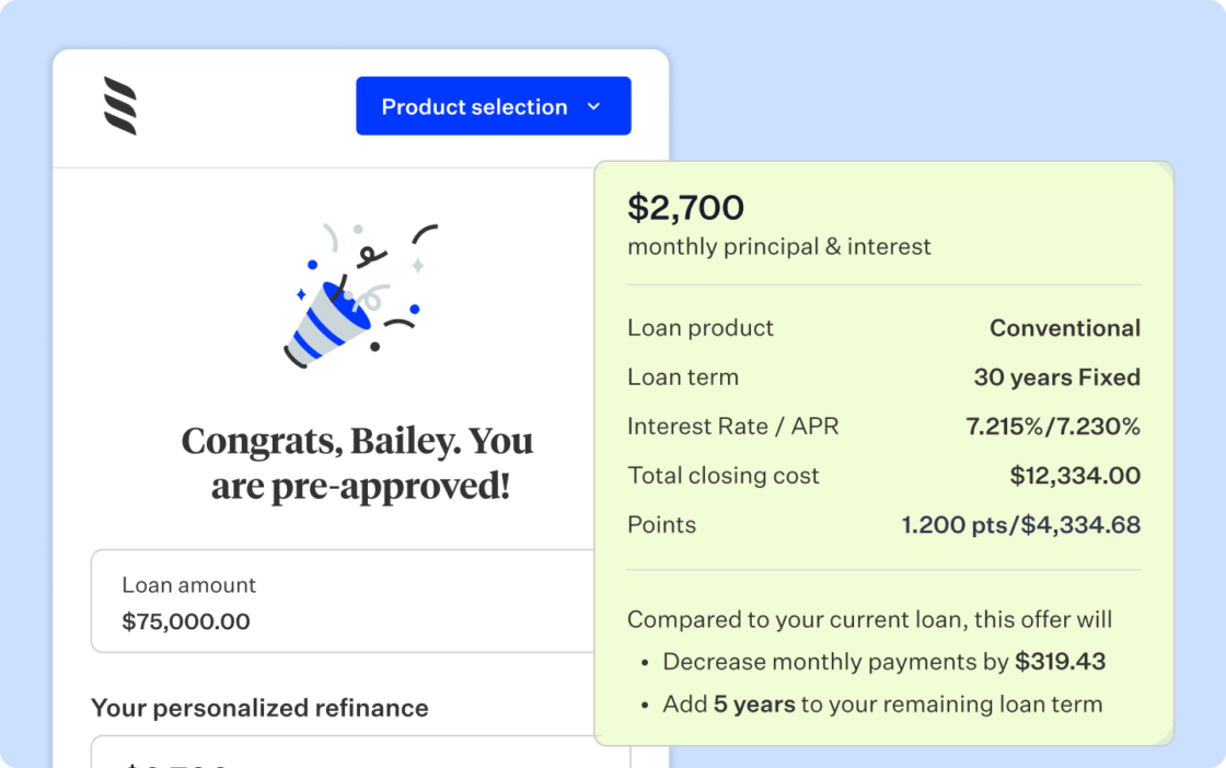 Blue rectangular card with phone screen showing pre-approval and loan terms