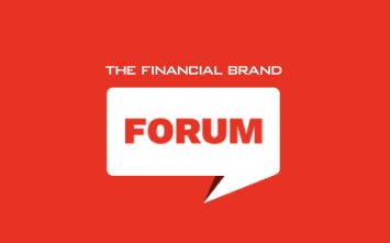 Red rectangular card with white chat box displayed with the word Forum inside of it and The Financial Brand above it