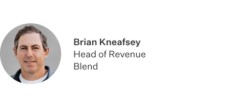 White rectangular card with black text that reads Brian Kneafsey, Head of Revenue Blend