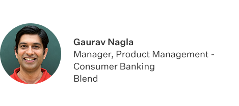 White rectangular card with black text that reads Gaurav Nagla Manager, Product Management — Consumer Banking Blend