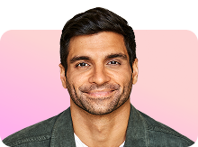 Nima Ghamsari headshot overlaid on top of pink gradient square