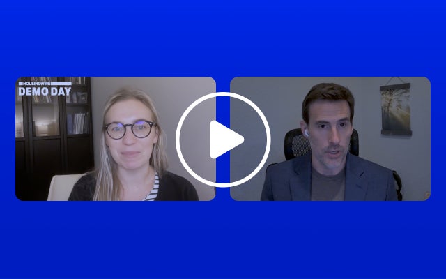 Image of a woman and a man in separate squares on a bleu background with a play button on top