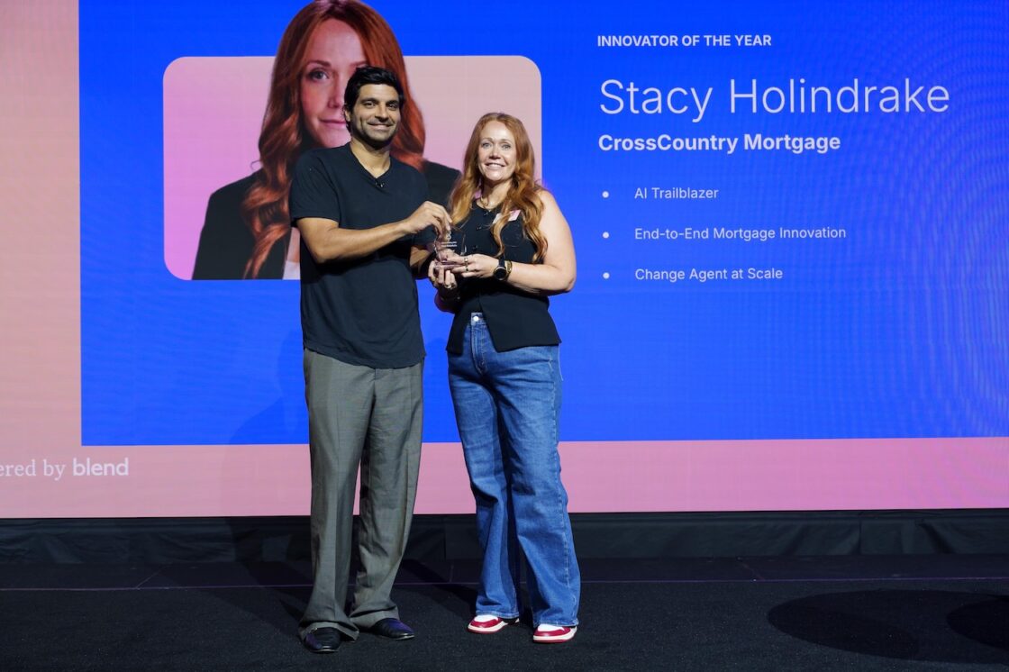 Head of Blend, Nima Ghamsari, on stage with Stacy Holindrake of CrossCountry Mortgage, recipient of the "Innovator of the Year" Best in Banking Award for 2025.