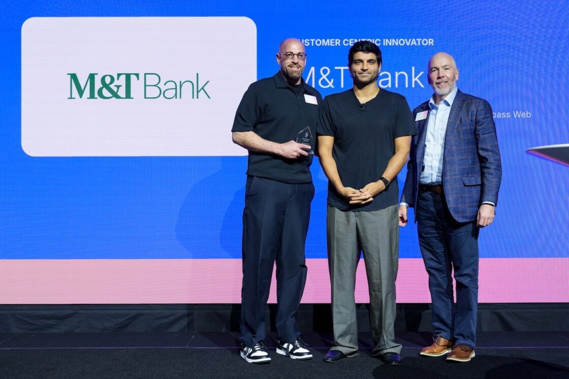 Head of Blend, Nima Ghamsari, on stage with Joe Semrani and George Taylor of M&T Bank, recipient of the "Digital Transformation Champion" Best in Banking Award for 2025.