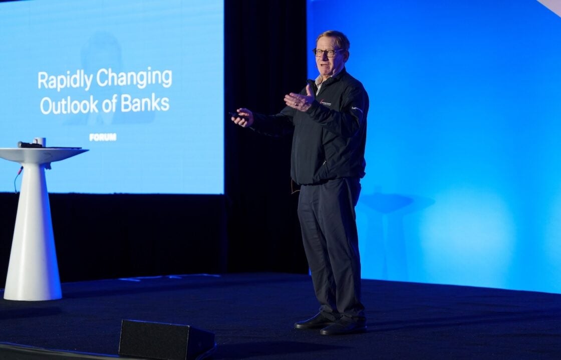 Tom Brown on stage at Blend Forum 2025 discussing how agentic AI in banking accelerates competitive pressure.