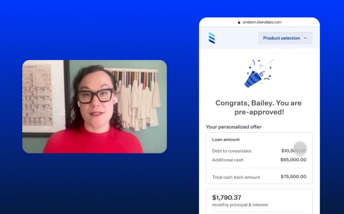 Screenshot from Blend's National Mortgage News Advances in Tech demo for Rapid Refit featuring Blend's Lili Sander and a product screen.