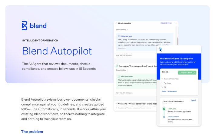 Graphic of the Blend Autopilot one-pager, inclusive of product screens and the Blend logo.