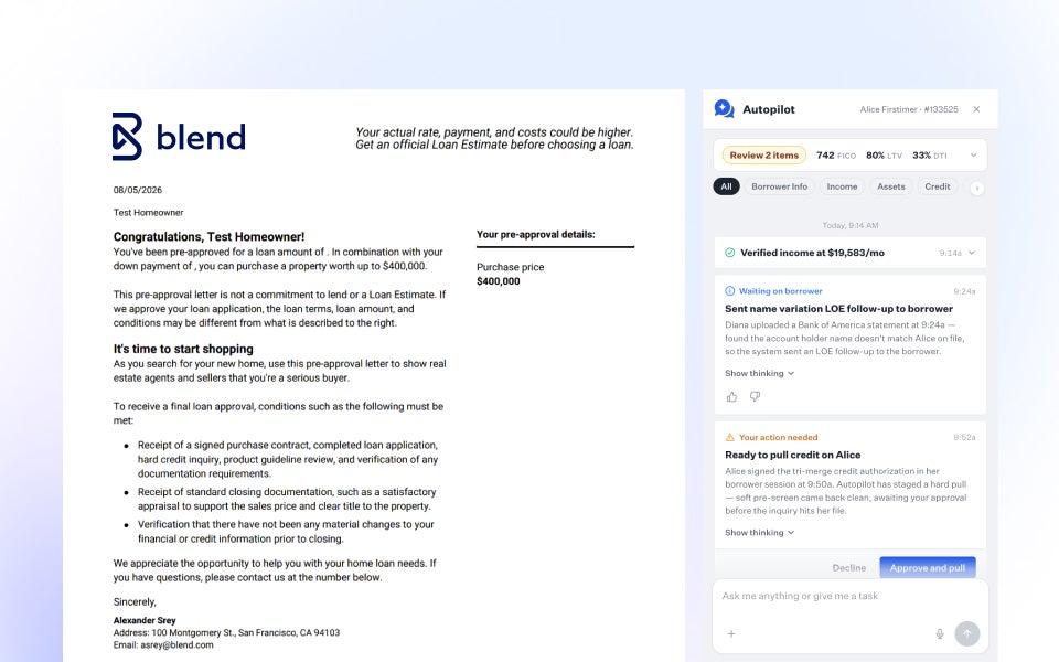 Split-screen graphic showing a Blend pre-approval letter alongside the Autopilot interface tracking a borrower's loan file via LO chat.