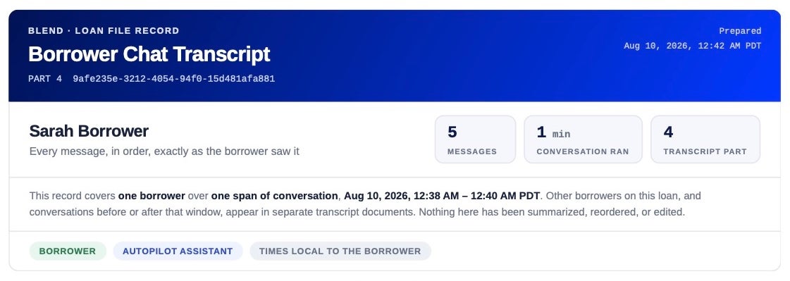 Blend loan file record header for a borrower chat transcript with the Autopilot assistant, showing borrower, 5 messages, a 1-minute conversation, and part 4 of the transcript.