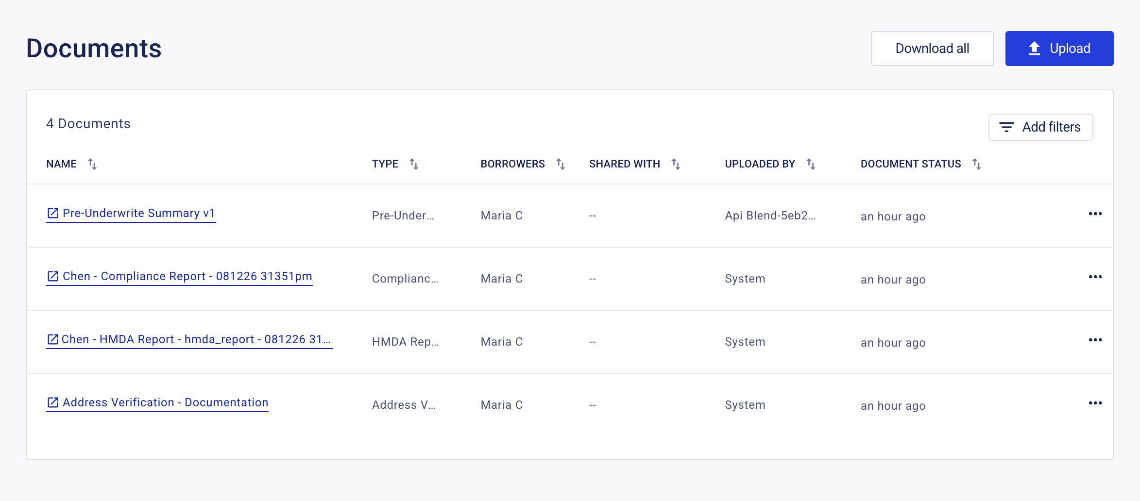 Screenshot of a Blend Documents panel listing four underwriting-related files for borrower Maria C, including a pre-underwrite summary, compliance report, HMDA report, and address verification documentation.